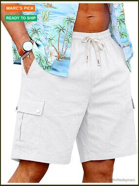 Men's Cotton Linen Cargo Shorts Elastic Waist 6 Pockets Summer Casual